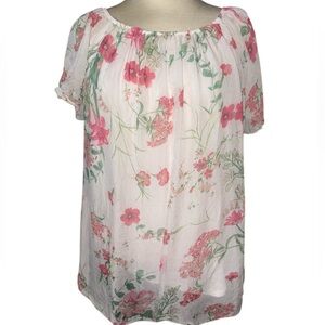Luisa Ricci blouse 100% silk sheer w/lining short sleeves floral wide neck Sz L
